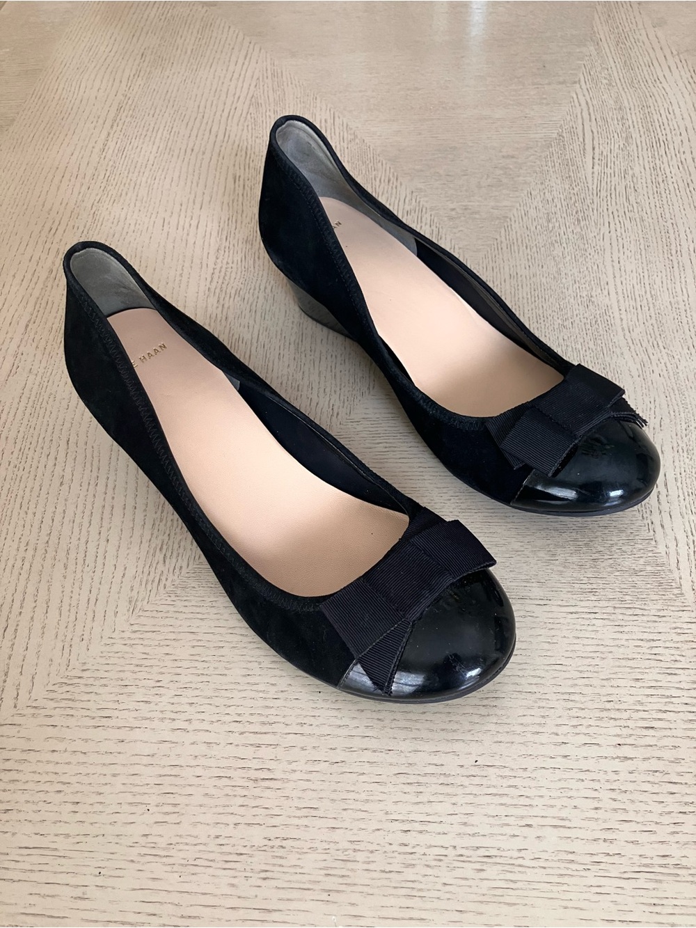 Cole Haan Black Suede Patent Cap Toe Wedges with Grosgrain Bow | Preppy Office